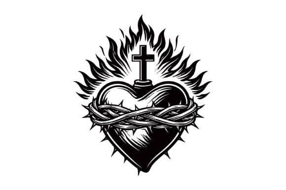 Sacred Jesus Flaming Heart Cross Graphic for Faith-Based T-Shirt Designs